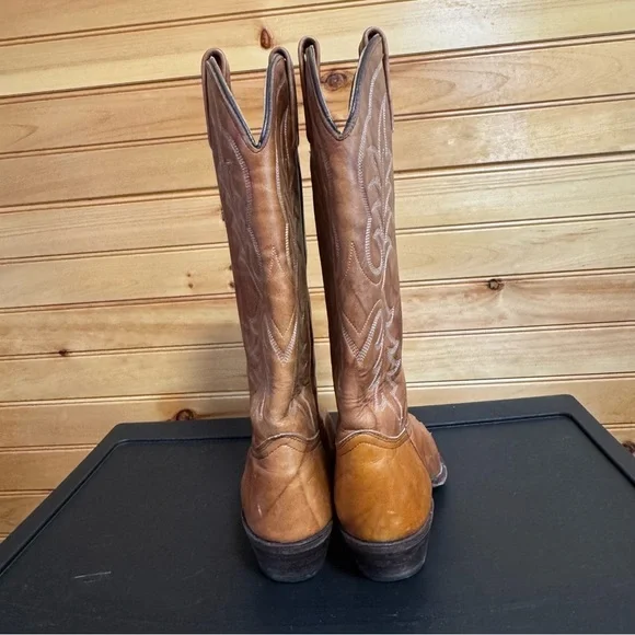 J Chisholm Tan & Brown Stitched Leather Men’s Cowboy Boots USA Made Size 7.5D
